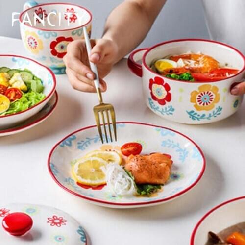 FANCITY Sunflower ceramic tableware rice bowl noodle bowl big soup bowl creative personality household fish dish dish plate