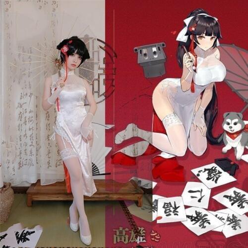 Game Azur Lane Takao Cosplay Costume Women White Cheongsam Deluxe Satin Halloween Carnival Uniforms