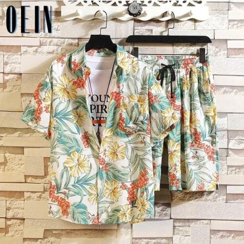 OEIN Hawaiian Mens Printing Set Summer Short Sleeve Casual Beach Floral Shirt + Shorts Two Piece Suit 2021 New Fashion Men Sets