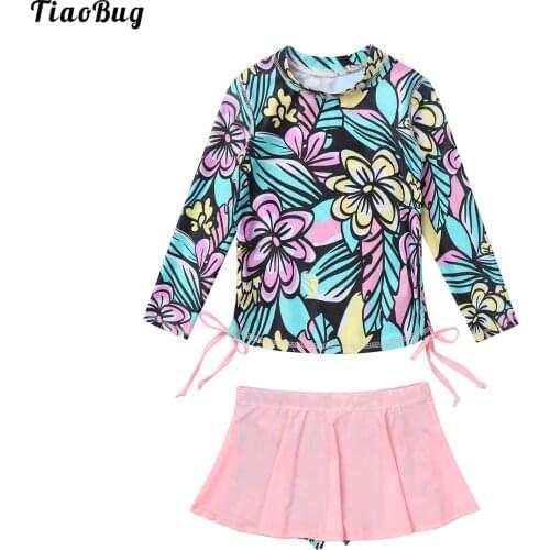 TiaoBug 4 To 12 Years Kids Girls 2Pcs SwimSuit Long Sleeve Flower Printed Tops With Skirt Style Shorts Swimwear Beach Sets