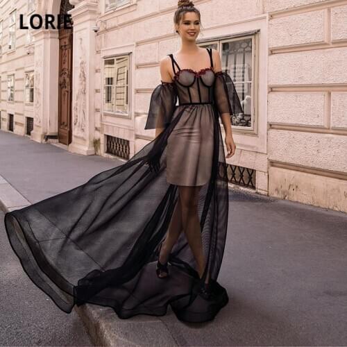 LORIE Vintage Prom Dresses 2021 Spaghetti Strap Appliques Tulle Cap Sleeves Black Celebrity Party Dress for Graduation