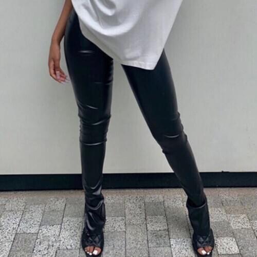 Fashion Casual Women PU Pants High Waist Skinny Long Trousers Solid Split Bottoms Street Style Elastic High Waist Pencil Pants