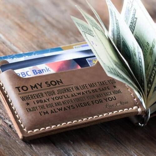 Sons Engraved Slim Bifold Genuine Leather Minimalist Front Pocket Wallets for Men with Money Clip to my son