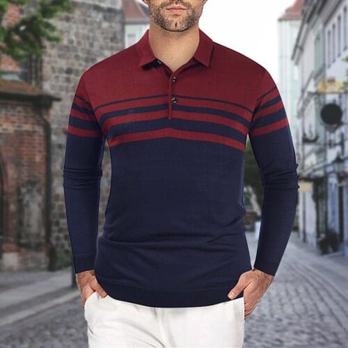 Men Casual Knitted Sweater Long Sleeve Striped Button Lapel Pullover Sweater Autumn Winter Warm Casual Slim Knitted Sweater