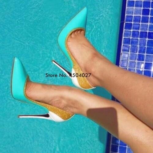Newest gold glitter patchwork blue pointed toe 12cm stiletto high heels pumps shallow dress party shoes