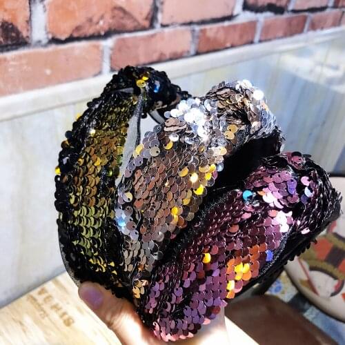 Knot Han Guodong doors imported double color paillette wide hair hoop blingbling shining girl headband