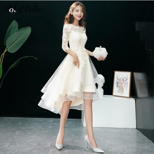 Champagne High Low Prom Dresses 2020 Elegant O-neck With Half Sleeves Short Front Long Back Lace Tiered Tulle Graduation Dresses