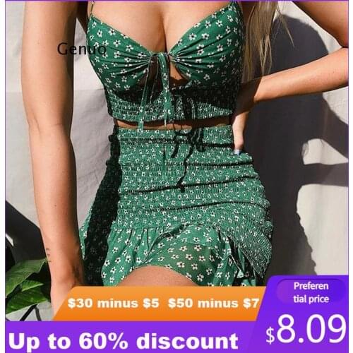 Floral Print Sexy Top and Skirt Two Piece Sets Matching Sets Halter Tie Front Backless Crop Tops Summer Outfits