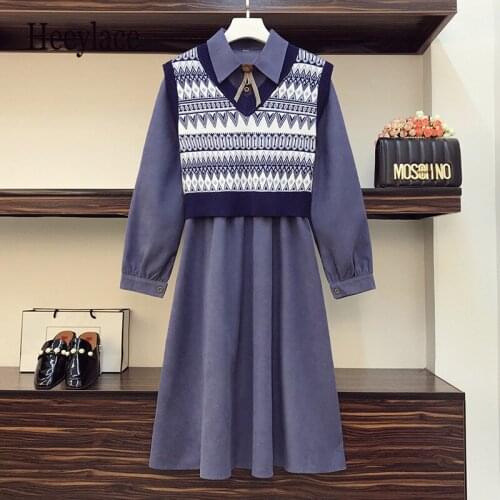 Plus Size Women Korean 2 Pieces Set Autumn Winter Warm Knitted Sweater Vest and Long Sleeve solid Mini Dress office Dresses Set