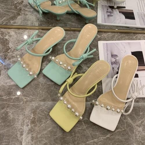 Pearl Design Slip On Sandals Slippers Open Toe Summer Shallow Slip On Thin Low Heeled Bow Design Dress Sandals Slides Party Pump