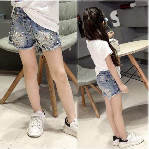 Girls shorts summer dress girls wear washed holes pearl Kids Trousers denim pants Children Clothing girls Jeans shorts