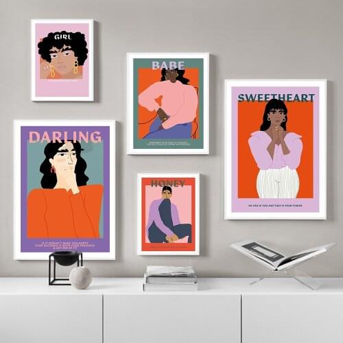 Nordic Abstract Girl Colorful Figures Canvas Poster Babe Darling Honey Sweetheart Print Painting Wall Art Pictures Bedroom Decor