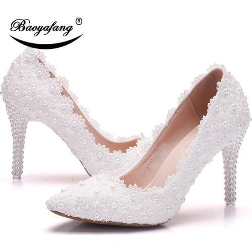 BaoYaFang Pointed Toe White Lace Wedding shoes 10cm Thin Heel party shoes woman big size shoe for women fashion Bride dress shoe