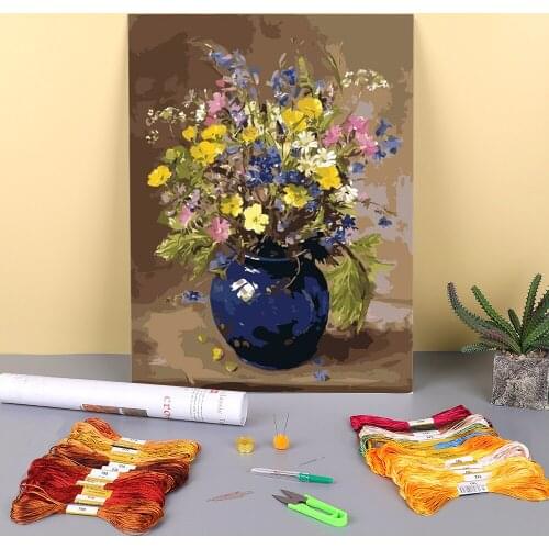 Flower Vase Printed 11CT Cross Stitch Embroidery Set DMC Threads Needlework Handicraft Painting Handiwork Floss Home Needle