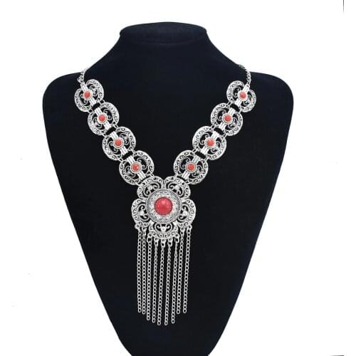 Gypsy Red Blue Stone Vintage Long Tassel Necklaces for Women Bohemian Metal Turkish Tribal Carved Flower Necklace Party Jewelry