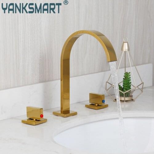YANKSMART Gold Polished 3 Pcs Bathroom Faucet Dual Handles Bathtub Faucet Deck Mount Basin Sink Hot And Cold Mixer Water Tap