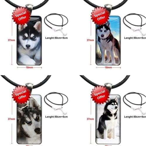 For Women Kids Husky Puppy Dog For Children Jewelry With Steel Plated Glass Cabochon Choker Long Pendant Rectangle Necklace