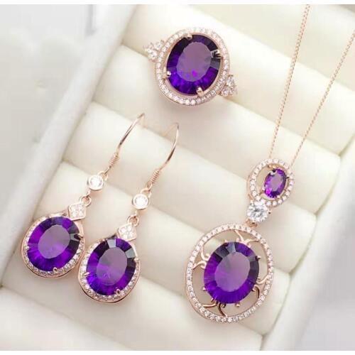 High-quality Amethyst Necklace Ring Earrings Set 925 Pure Silver Fashion Wedding Jewelry for Women【FS Jewelry