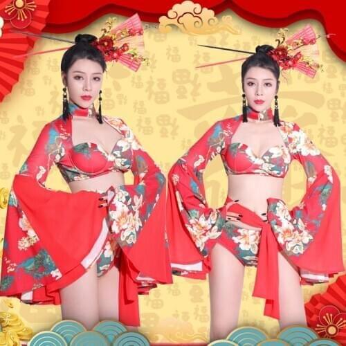 Nightclub Costume Women Red Bikini Sets Female Gogo Dancer Bar DJ DS Singer Costume Festival Stage Performance Clothing BL3091