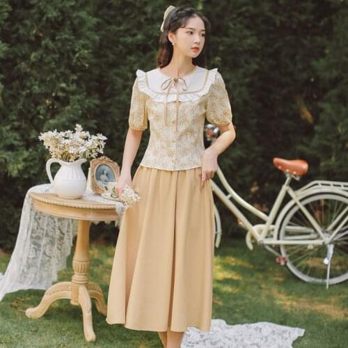 Korean Temperament Sweet Two Piece Set Women Bowknot Cute Lotus Leaf Floral Puff Sleeve Shirt+Solid Color Literary Skirt OL Suit