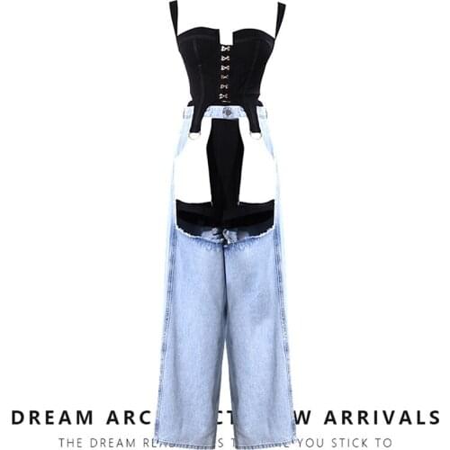 TVVOVVIN Female Casual Three-piece Suit Sexy Beauty Back Camisole + Black Shorts + High Waist Hole Denim Trousers GRZQ