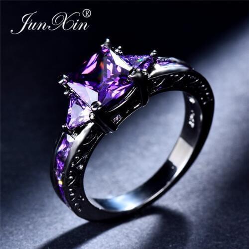 JUNXIN Charm Multicolor Zircon Princess Square Rings For Women Black Gold Filled Purple Red Blue Green Crystal Wedding Ring Gift