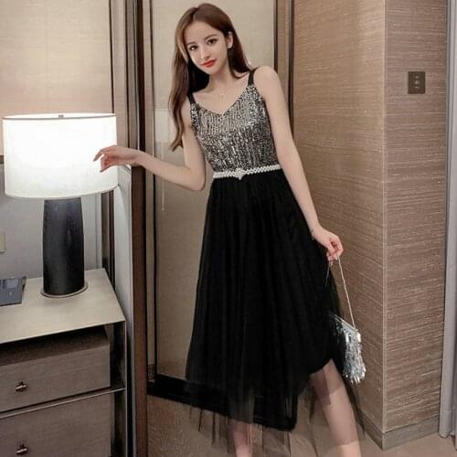 Women Summer Pearl Bead Belt Mesh Gauze Bling Sequin Ruffles Pleated Chiffon Dress Lady Elastic Slim Pullover Party Midi Dress