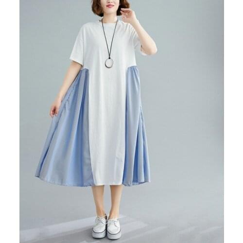 Johnature Korean New Striped Patchwork Loose Dresses Women 2021 Spring Summer Casual O-neck Short Sleeve 2 Colors Dress