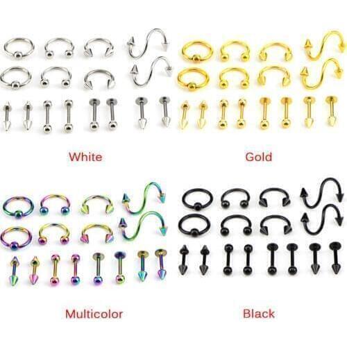 16pcs/set Fashion Piercing Stainless Steel Spiral Nose Rings Earring Stud Tragus For Women Men Pircing Nariz Piercing Lengua