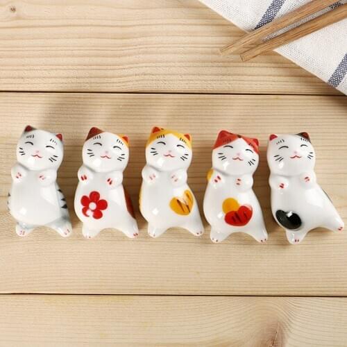 5PC/Set Japanese Style Cute Cat Ceramic Chopstick Rest Spoon Rack Holder DIY Home Decor