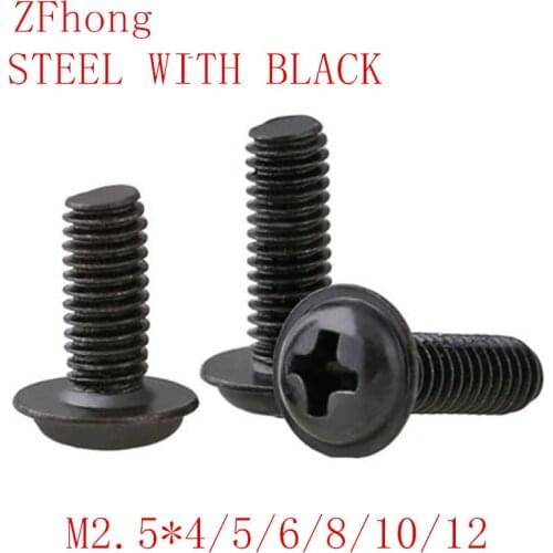 500PCS M2.5*4/5/6/8/10/12 m2.5 steel with black Round Pan Phillips Cross Head Screws Bolt With Washer Pad Computer Screws
