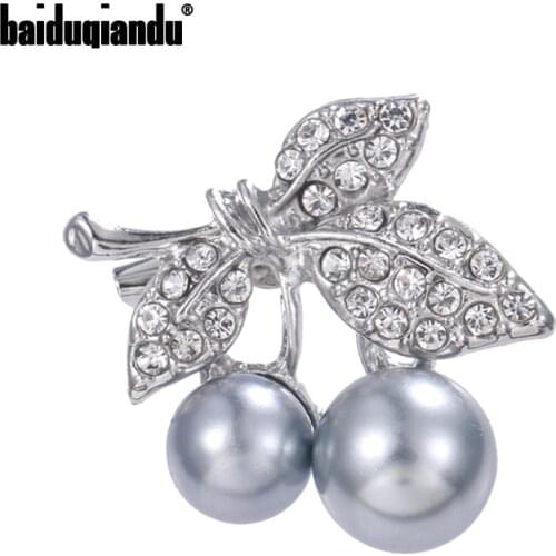 Baiduqiandu Women Cherry Brooches Leaf and Grey Pearls Pins Rhinestone Plants Office Causal Brooch Pins Gift