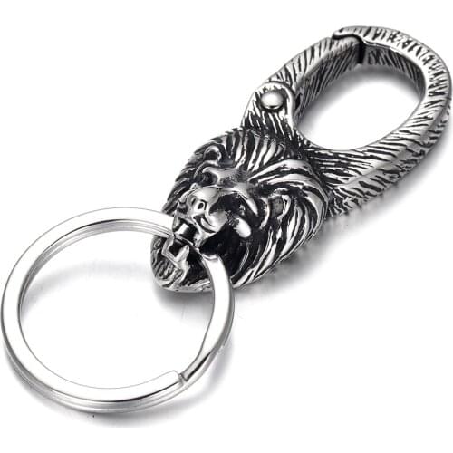 Stainless Steel Key Chains Mens Lion Head Spring Fastener Key Ring Unique Car Keychain Key Finder Accessories