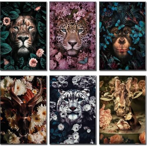 Flower Animal Lion Tiger Deer Leopard Abstract Canvas Painting Wall Art Nordic Print Poster Decorative Picture Living Room Decor
