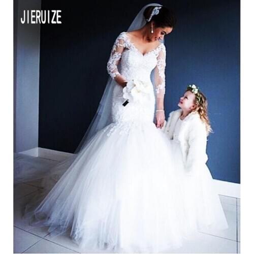 JIERUIZE Elegant V Neck Mermaid Wedding Dresses 3/4 Sleeves Lace Up Back White Appliques Wedding Bridal Gowns Robe De Mariee