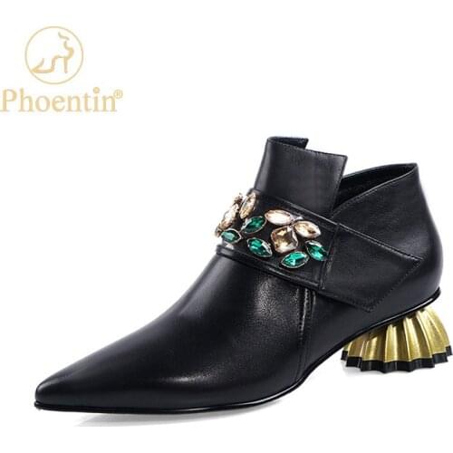 Phoentin Elegant Crystal Ankle Boots Women mid Heels Pointed Toe Genuine Leather shoes Ladies Autumn Winter Short Boot FT1673