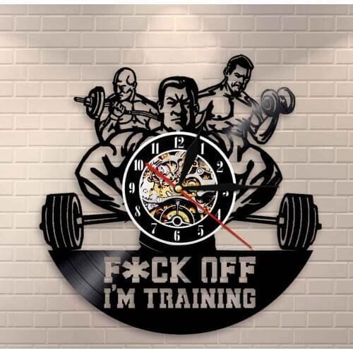 F- Off I'm Training Fitness Room Wall Sign Crossfit Vinyl Record Wall Clock GYM Inspirational Quote Wall Art Bodybuilders Clock