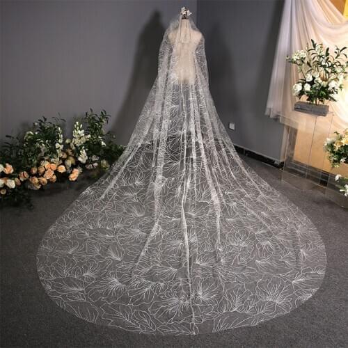 Bridal Veils Sparkly White Long Cathedral Sequined Wedding Veil With Comb 3.5*3Meters 1Layer Printed Velo De Novia