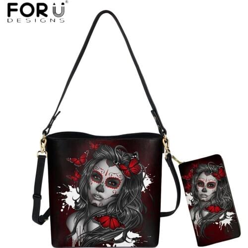 FORUDESIGNS New Arrival PU Leather Women Fashion Messenger Bag Set Day Of Dead Gothic Girls Print Lady Shoulder Bolsa Purse