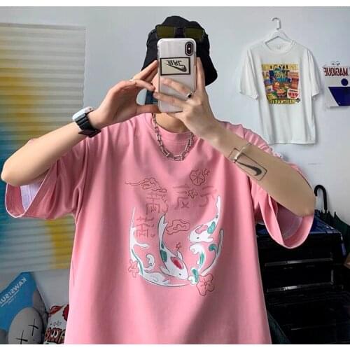 2021 New Japan Style Unisex T-Shirt Clothes Casual Stretch Crew Neck Kawaii Fish Print Top clothing Summer Breathable Streetwear