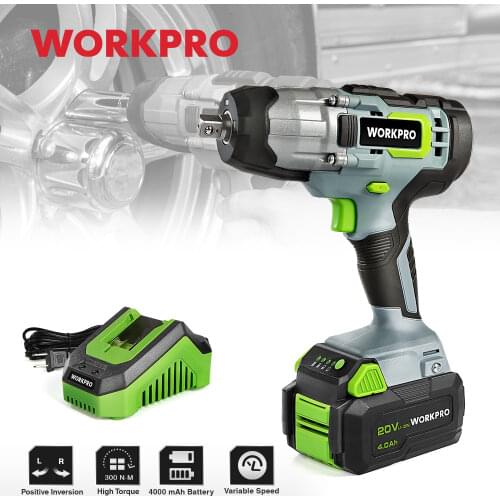 WORKPRO 20V Cordless Electric Impact Wrench 1/2inch Power Tools Electric Wrench with LED light+Battery For Fast Charger