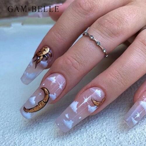 GAM-BELLE Fake Nails Nude Cloud Pattern False Press On Nails Glitter Sun Moon Full Cover Long Coffin Artificial Nail Tips Decor