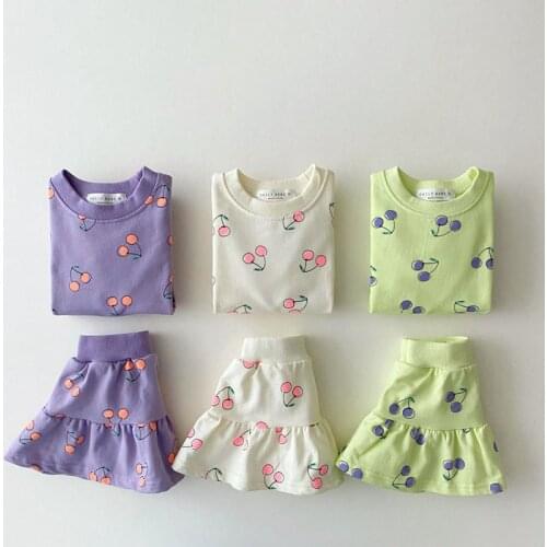 Korean Children Clothes Summer New Baby Girls Short Sleeve Tops Fashion Cute Cherry Printing Skirt Two Piece Pure Cotton Sets