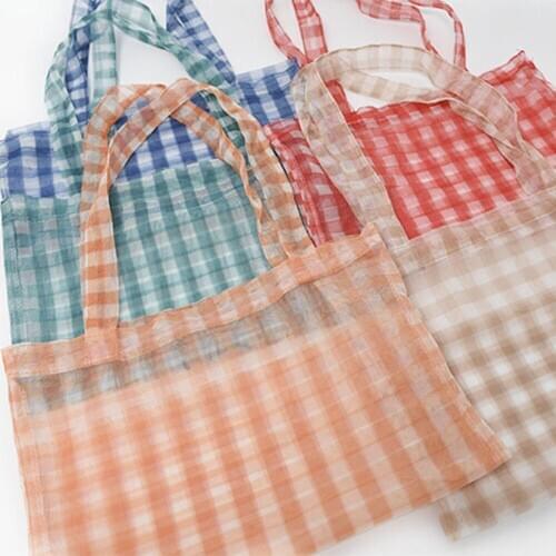 Summer Cute Simple Gauze Lattice Mesh Check Bag Shoulder Bag Ins Wind Wild Daily Check Bag Square foldable Shopping Bag