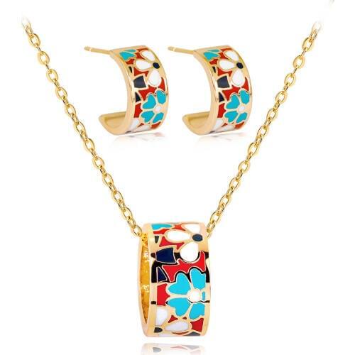 Fashion Enamle flower rhinestone bridal wedding jewellery sets for women rainbow earrings necklace beads jewelry set for party