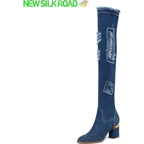 New Denim Boots Women Jeans Over Knee Vintage Slim Fit Sexy Thigh Stretch Fabric Cloth Zipper Gold-Banded Heels Ladies Booties