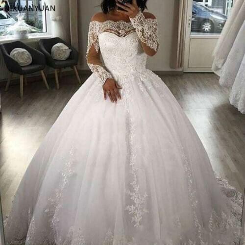 Long Sleeves A Line Wedding Dresses 2021 Off Shoulder Lace Plus Size Sweep Train Country Garden Wedding Gowns Vestidos De Novia