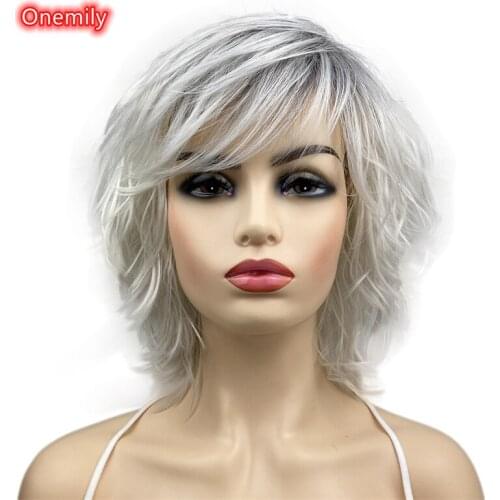 Onemily Short Straight Fluffy Layered White Synthetic Hair Wig with Bangs for Women Girls