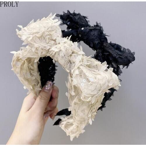 PROLY New Fashion Women Hairband Wide Side Lace Flower Headband big Bow Knot Solid Headwear Soft Adult Hair Accessories