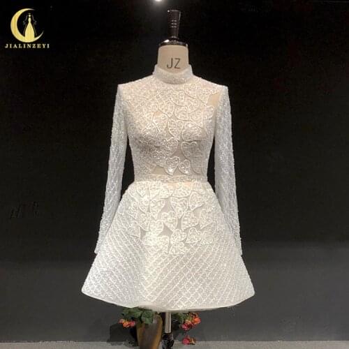 Rhine real Pictures Long Sleeves High Neck Full Luxurious Beads Mini Length robes de bal Prom Dresses платье 2021 Party Dress